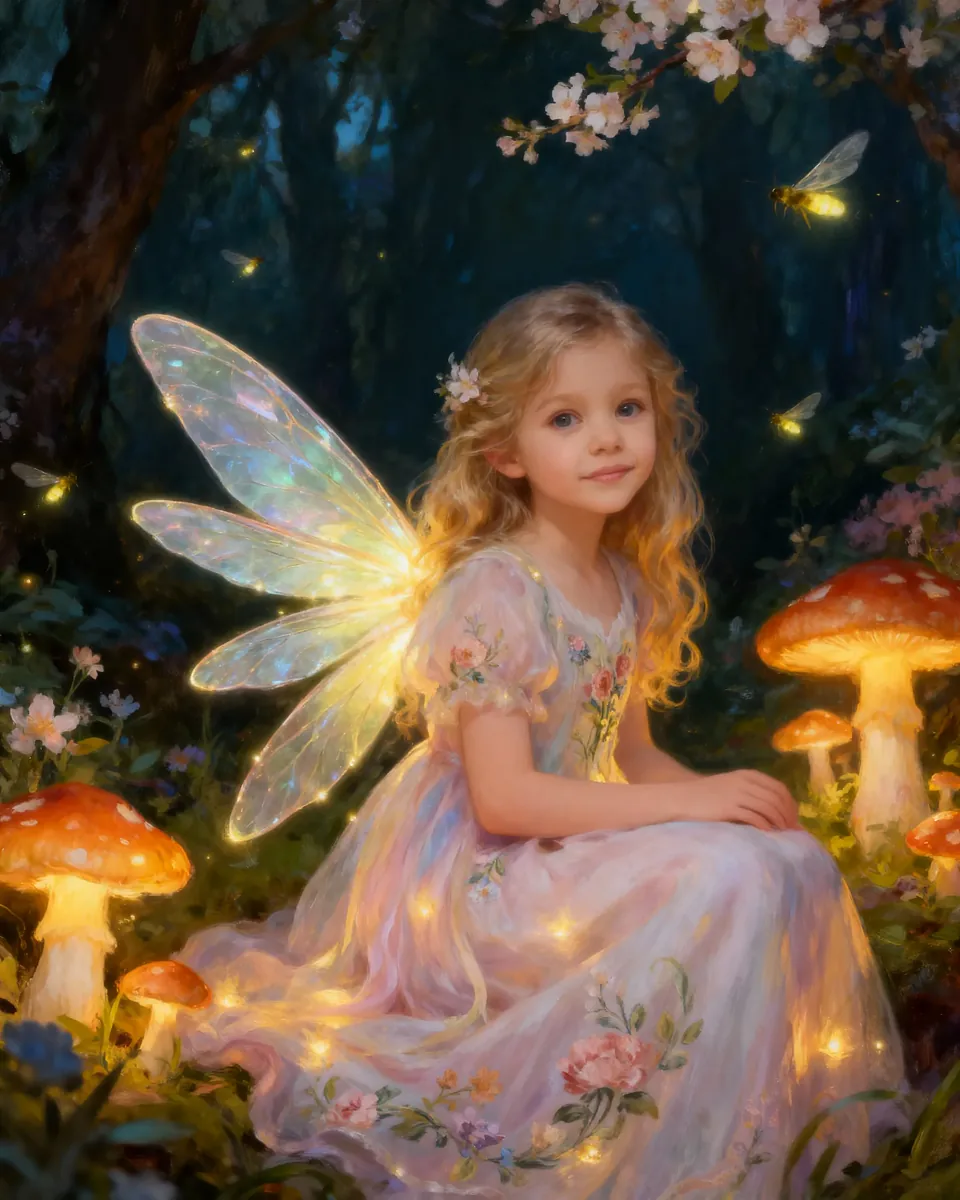 Young girl in a fairy costume with glowing wings in a fantasy forest setting.