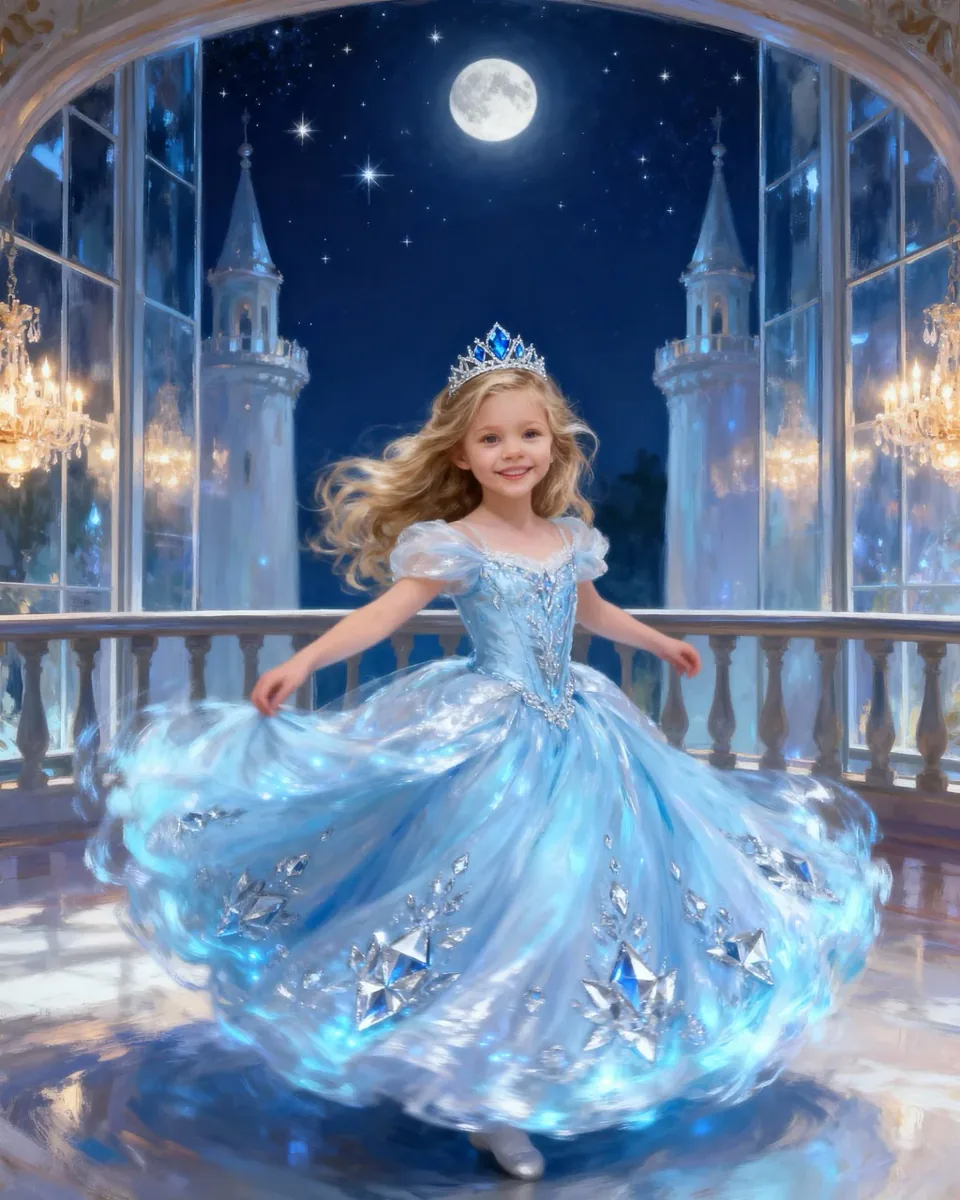Young girl in a blue dress with stars, standing in front of a castle and moonlit window.